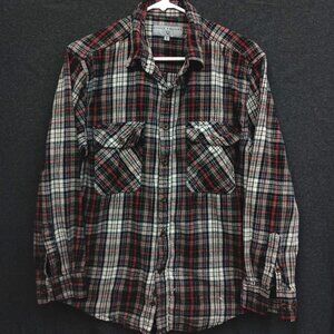 Flannel Shirt Mens L Red Plaid Distressed Grunge Workwear Outdoor Button Up